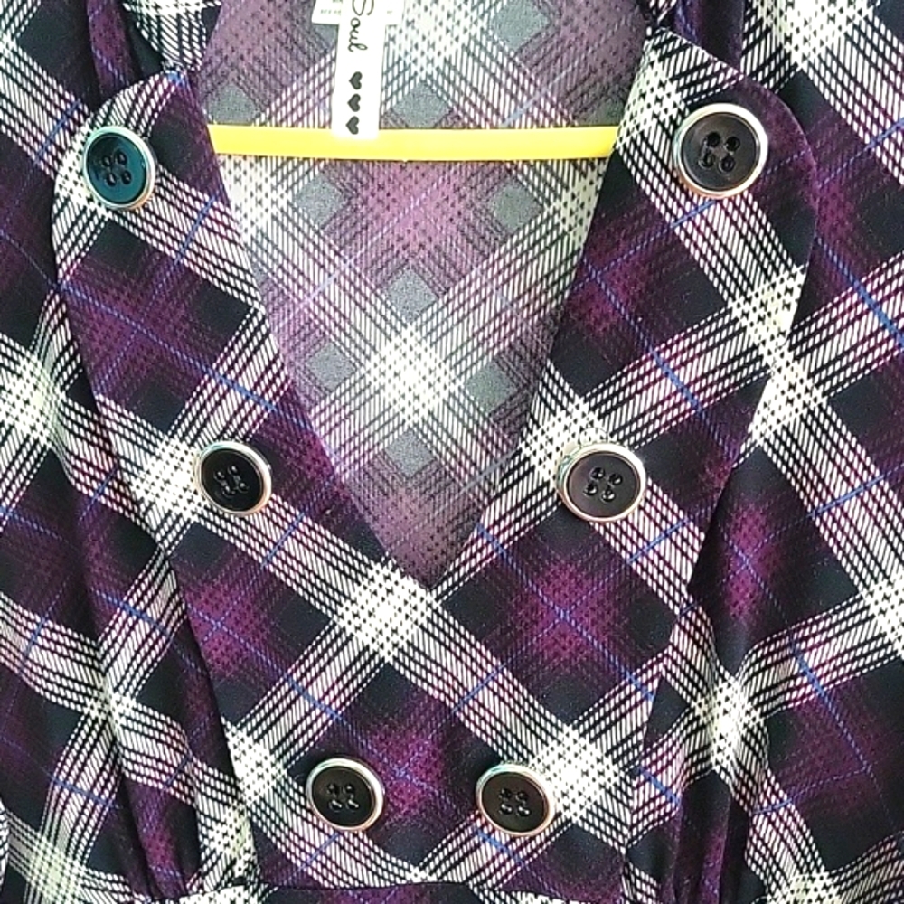 Purple blue white plaid design v neck dress sz large Heart Soul Fall